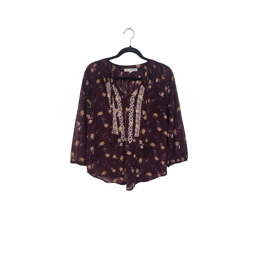 Jolt Womens Burgundy Floral Embroidered‎ Boho Peasant Blouse Tassel Tie Size M